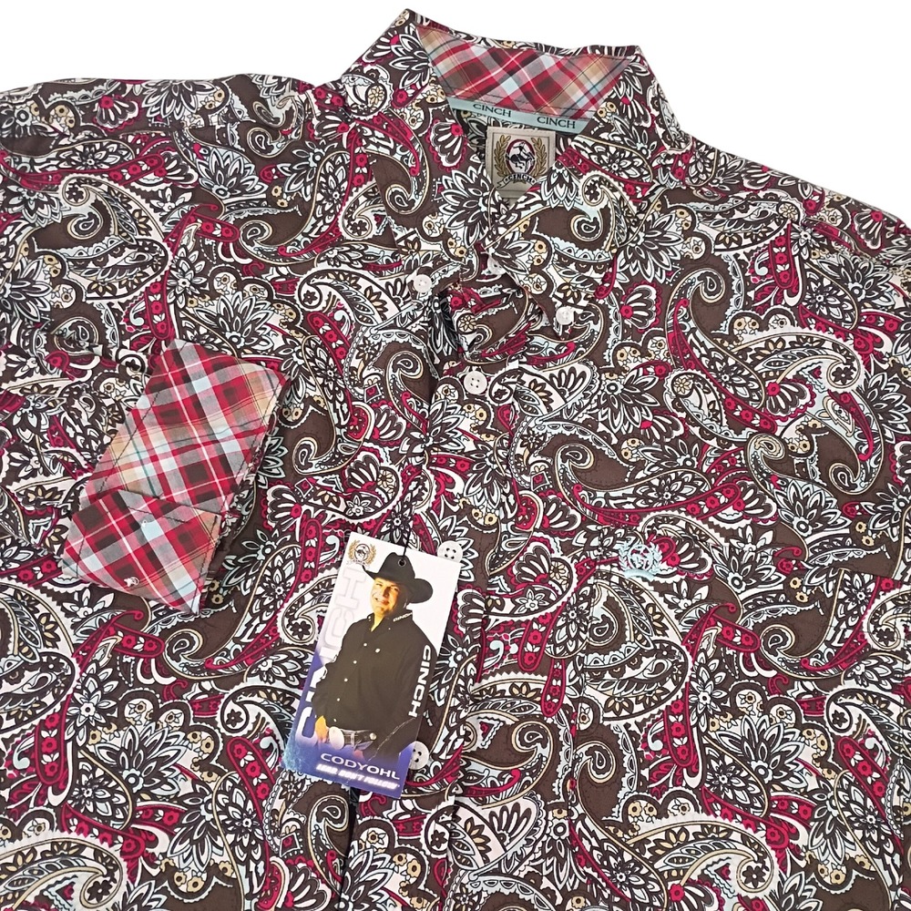 Cinch Mens Medium Paisley Western Button Down Shirt Brown Red Blue Flip Cuff